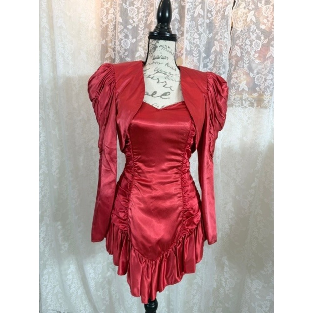 Vintage 80s Red Satin Ruched Mini Dress Bolero Jacket Set Puffy Shoulder Prom